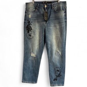 Seven7 Plus Size High Rise Straight Cropped Embroidered Jeans US14